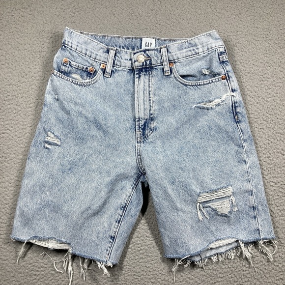 GAP Pants - Gap High Rise Loose Bermuda Shorts Womens 2/26 Light Wash Distressed Raw Hem